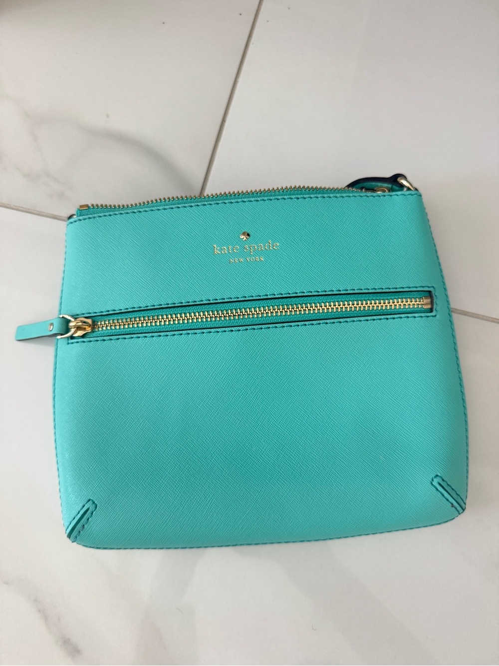kate spade turquoise saffiano crossbody with gold hardware